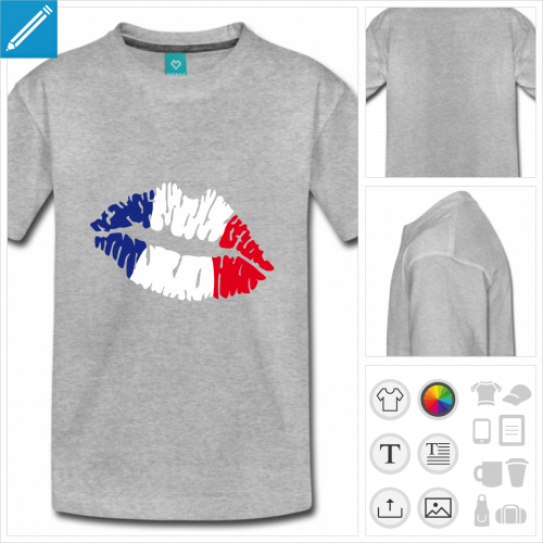 t-shirt gris drapeau franais personnalisable, impression  l'unit