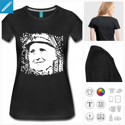 T-shirt Gertrude Stein, portrait dcoup sur fond dcoratif  la couleur personnalisable. Imptimer sur t-shirt sombre.
