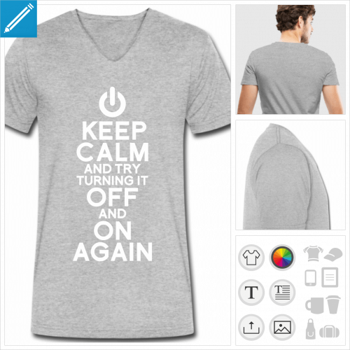 T-shirt bleu pour homme  col v et manches courtes, blague geek keep calm et bouton on off