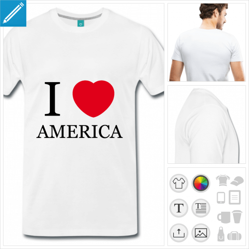 T-shirt I love America avec typo classique et cur rouge arrondi.