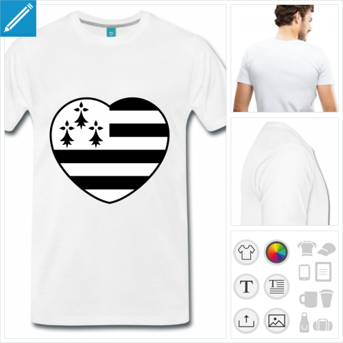 T-shirt I love Bretagne et cur aux couleurs du drapeau breton  personnaliser, ajoutez votre texte.