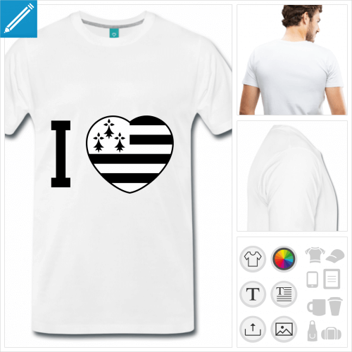 T-shirt I love Bretagne et cœur drapeau breton à imprimer en ligne.