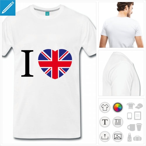 T-shirt I love England avec cœur aux couleurs du drapeau anglais répartie en croix.