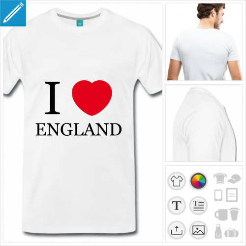 T-shirt I love eNgland, cur et typo classique,  personnaliser.