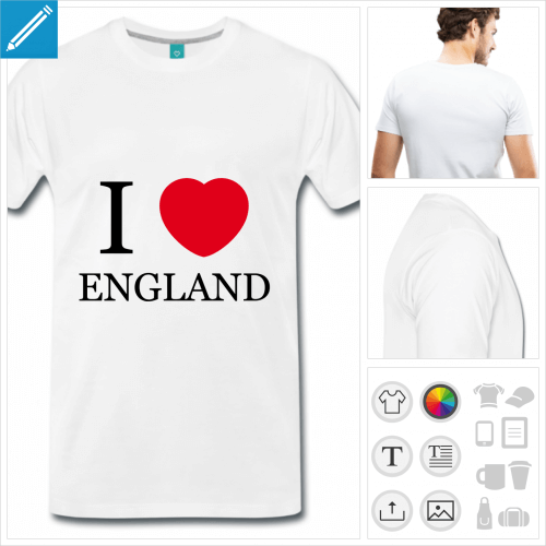 T-shirt I love eNgland, cœur et typo classique, à personnaliser.