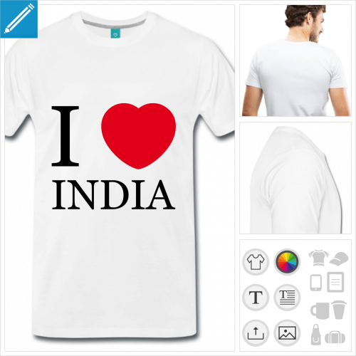 T-shirt I love india avec cur arrondi,  imprimer en ligne.
