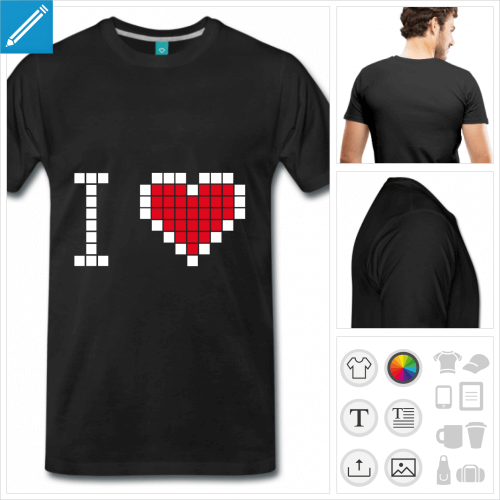 T-shirt I love pixel, coeur en pixels simple  personnaliser.