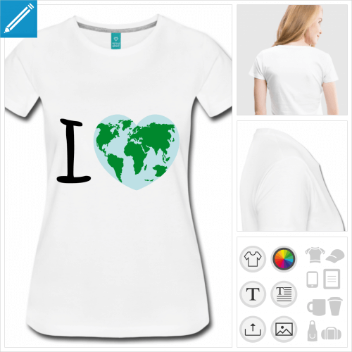 T-shirt I love Terre, plante en forme de cur et I majuscule  personnaliser en ligne.