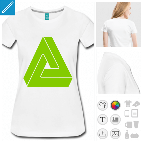 T-shirt illusion d'optique, triangle impossible de Penrose, dessin en une couleur personnalisable.