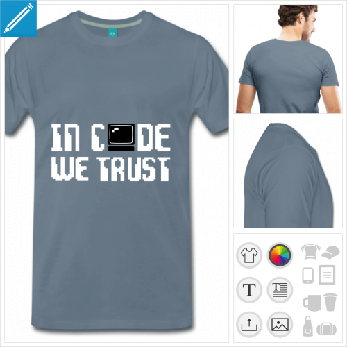 T-shirt informatique, motif geek in code we trust avec ordinateur stylis et typo pixel.