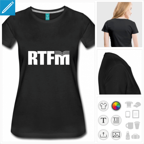 T-shirt informatique, rtfm avec un picto manuel chapeautant le M de rtfm.