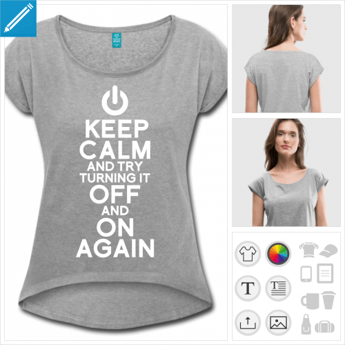 T-shirt  manches et devant retrousss, bordeau, avec motif geek try turning it off and on again et blague keep calm.