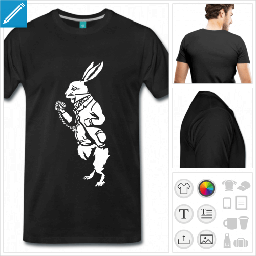 T-shirt lapin  imprimer en ligne, lapin d'Alice  imprimer en blanc sur t-shirt noir personnalis.