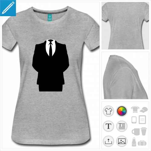 t-shirt femme gris anonymous personnalisable, impression  l'unit