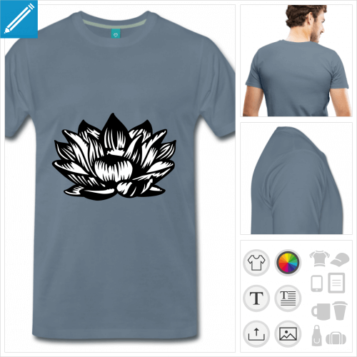 T-shirt lotus, fleur de lotus dessine en noir et blanc  imprimer en ligne.