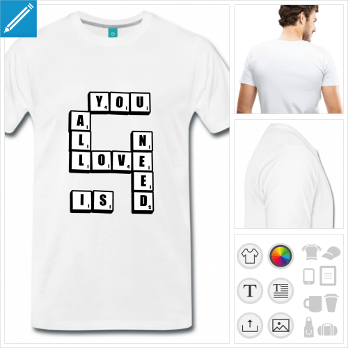 T-shirt love scrabble, all you need is love crit en lettres de scrabble.