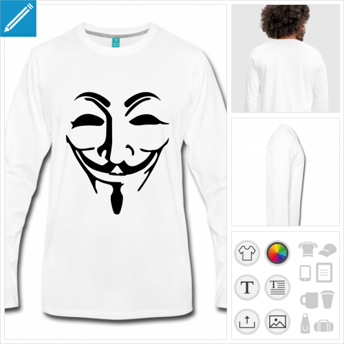 t-shirt manches longues masque fawkes à personnaliser, impression unique