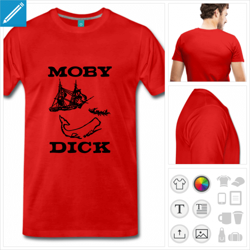 T-shirt Moby Dick, illustration de pche  la baleine et titre du roman.