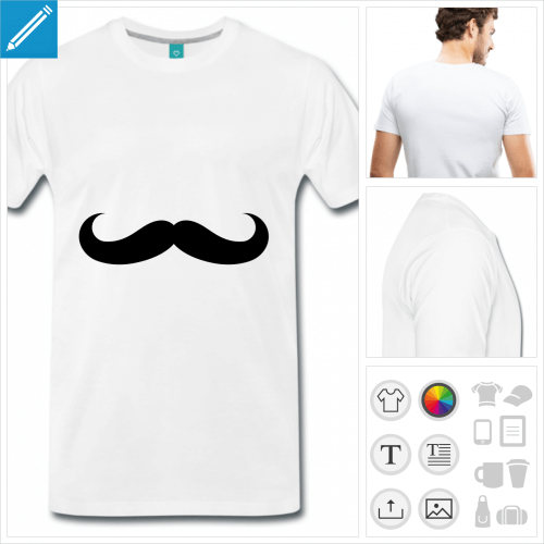 T-shirt moustache boucle, moustache  boucles longues et fines.