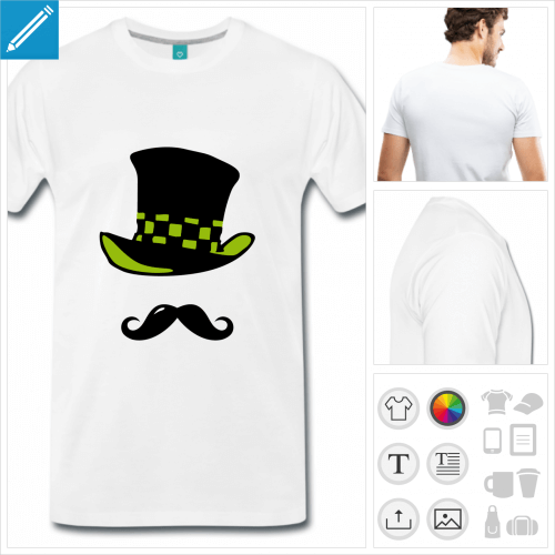 T-shirt moustache et chapeau haut de forme du Chapelier fou,  personnaliser et imprimer en ligne. Chapeau color  damier personnalisable.