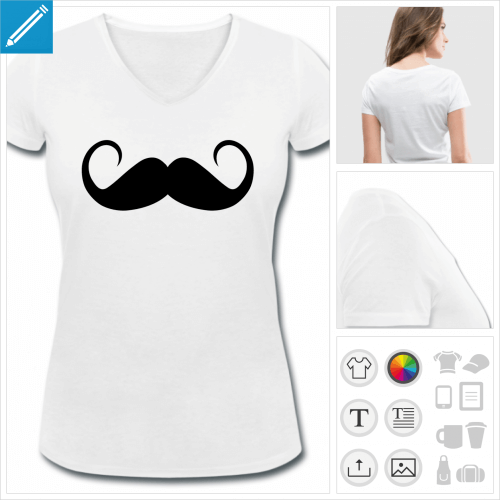 t-shirt femme moustache bouclée personnalisable, impression à l'unité