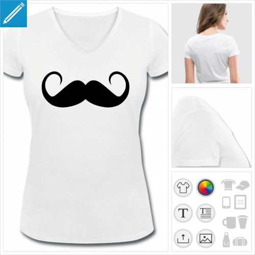 t-shirt femme moustache boucle personnalisable, impression  l'unit