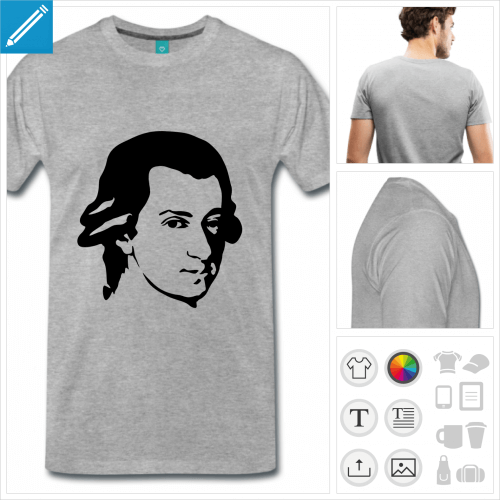 T-shirt Mozart  personnaliser et imprimer, portrait du compositeur.