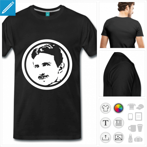 T-shirt Nikola Tesla, portrait dcoup dans un rond,  la couleur personnalisable. Imprimez votre t-shirt en ligne.