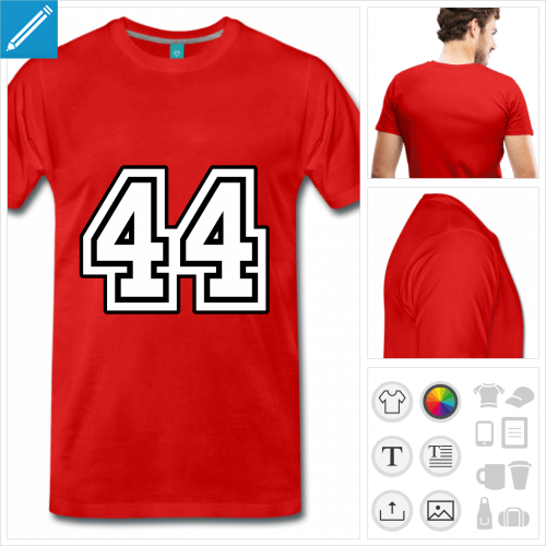 T-shirt numro 44 en typo sport, dessin en aplat blanc et tracs noirs.