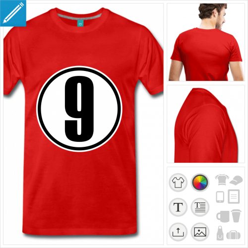 T-shirt numéro 9 à personnaliser en ligne. Motif numéro 2 couleurs et cercle.