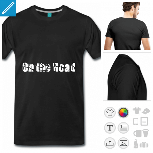 T-shirt on the road à personnaliser et imprimer en ligne. On the road est en typo texturée comme une empreinte de pneu.