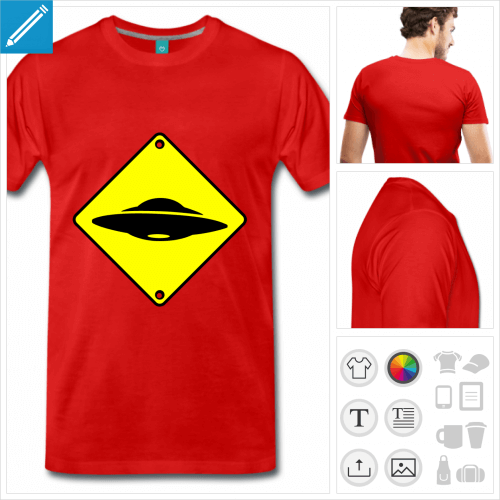 T-shirt panneau ovni, soucoupe volante stylise sur un panneau jaune attention ovni.