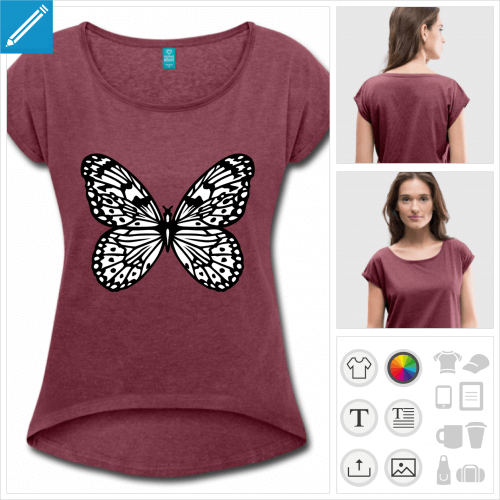 t-shirt bordeau papillon personnalisable, impression  l'unit