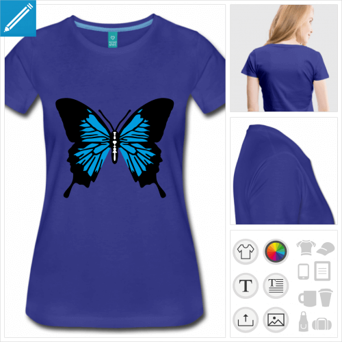 tee-shirt bleu roi papillon personnalisable, impression  l'unit