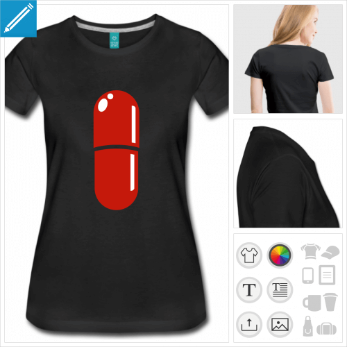 T-shirt pilule Matrix, pilule  rouge à personnaliser, choisissez la couleur.