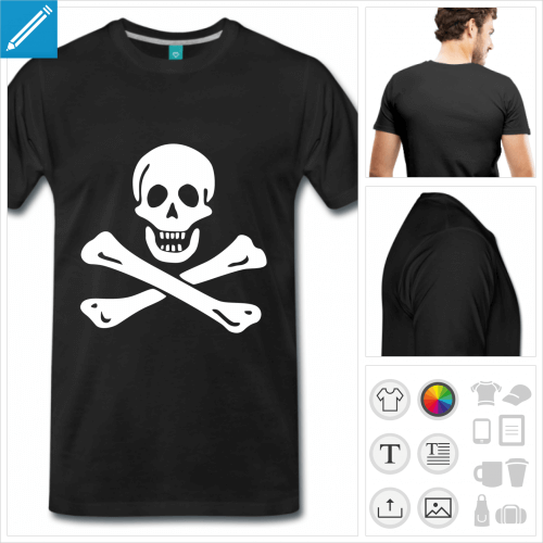 T-shirt pirate classique, emblme jolly roger blanc  personnaliser.