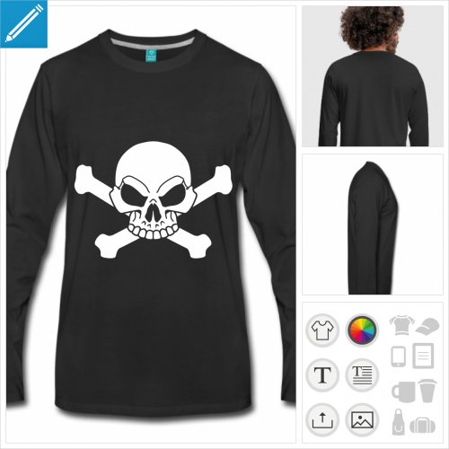 t-shirt noir drapeau pirate personnalisable, impression  l'unit