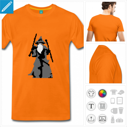 T-shirt pixel, Gandalf dessin en pixel art, aux couleurs personnalisables.