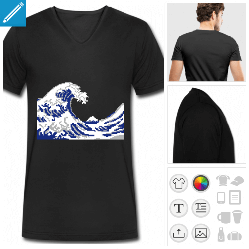 T-shirt pixel, vague d'Hokusai en pixel art 3 couleurs  personnaliser en ligne.