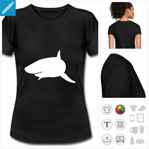 t-shirt noir basique requin stylis  imprimer en ligne