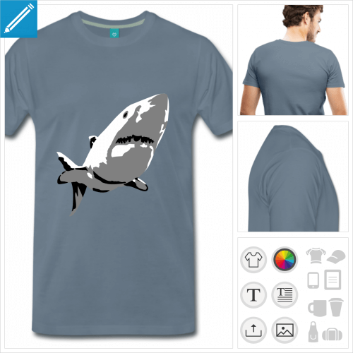 T-shirt requin, requin blanc stylis en 3 couleurs,  personnaliser soi-mme.