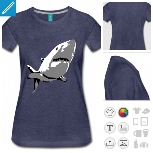 t-shirt bleu marine requin couleur  personnaliser, impression unique