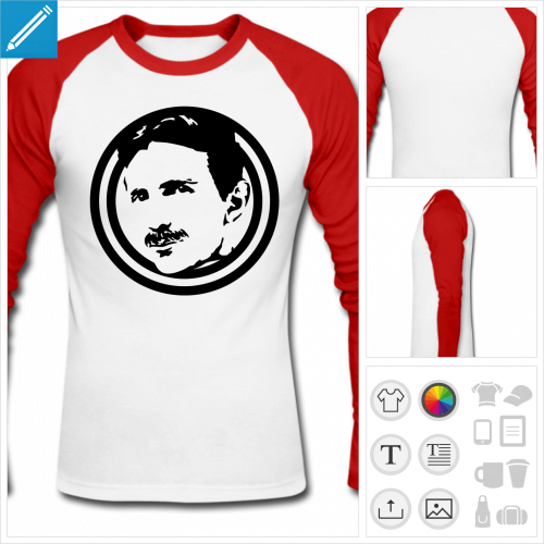 T-shirt manches longues homme en style baseball, manches noires et torse blanc, avec un portrait deNikola Tesla noir.