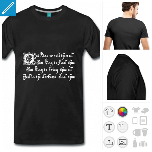 T-shirt Seigneur des Anneaux, citation one ring to rule them all en typo gothique.