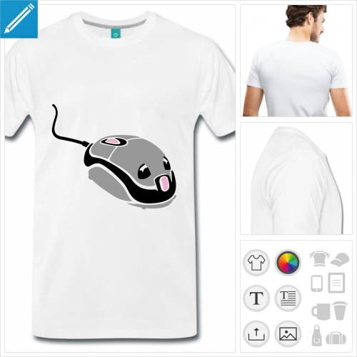 T-shirt souris d'ordinateur dessine en style kawaii avec des yeux et un museau.