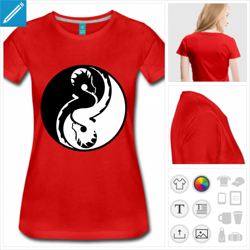 T-shirt Spreadshirt pour femme. Modle manches courtes personnalis avec un design rond compos de deux dragons inverss formant le symbole Yin Yang.