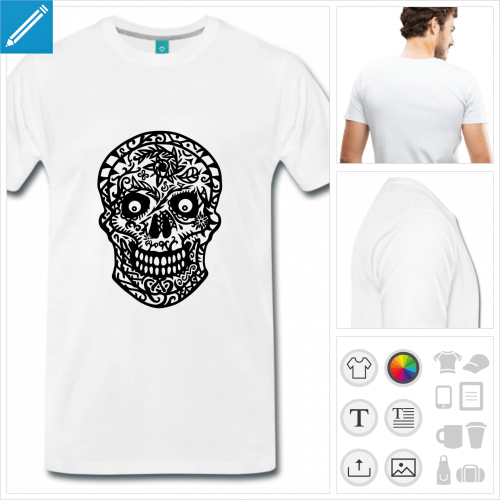 T-shirt tte de mort fleurie dessine en tracs fins  imprimer en ligne.