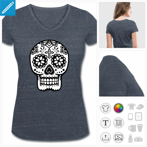 T-shirt tête de mort mexicaine. Tête de mort Mexique à fleurs