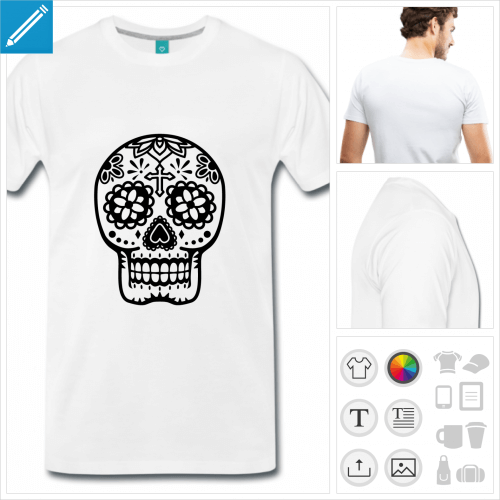 T-shirt tte de mort Mexique stylise dessine en tracs fins, motifs floraux  la couleur personnalisable.