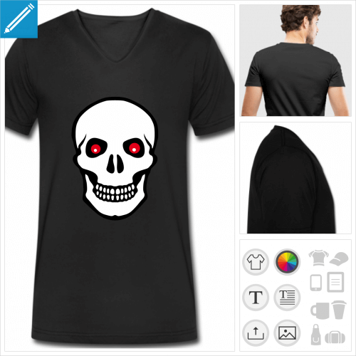 t-shirt noir tte de mort yeux rouges personnalisable, impression  l'unit